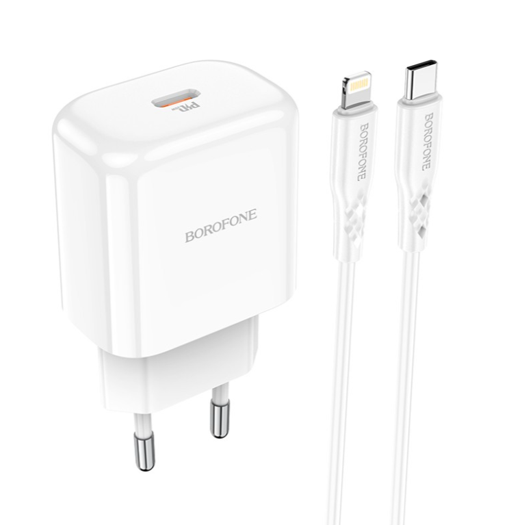 Laadija Borofone BN3 Type-C QC 3.0, PD 2.0 20W + Lightning (valge)