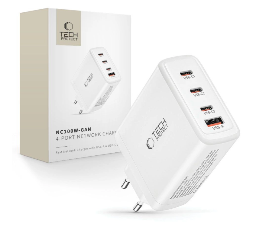 Laadija Tech-Protect NC100W-GAN 3x USB-C, 1x USB-A (valge)
