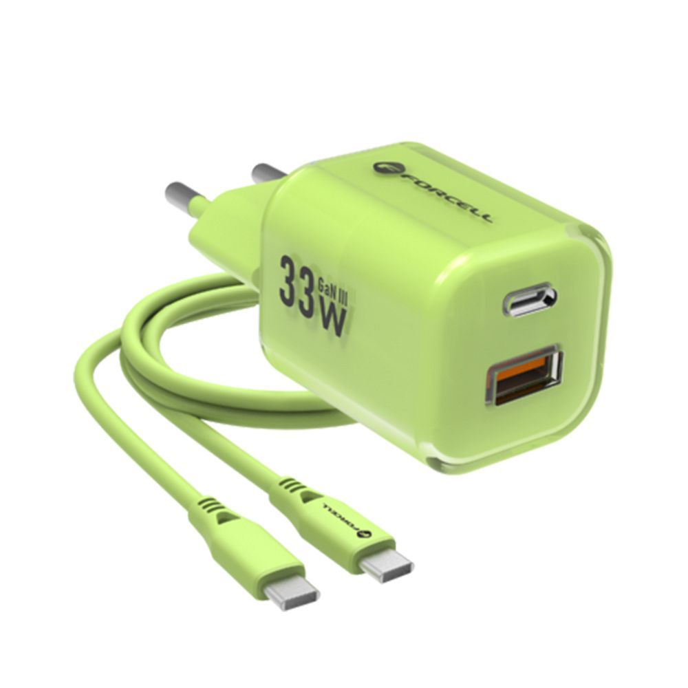 Laadija Forcell F-Energy GaN III Crystal Color USB C + USB A QC4.0 PD 33W + kabel USB-C to USB-C (roheline)