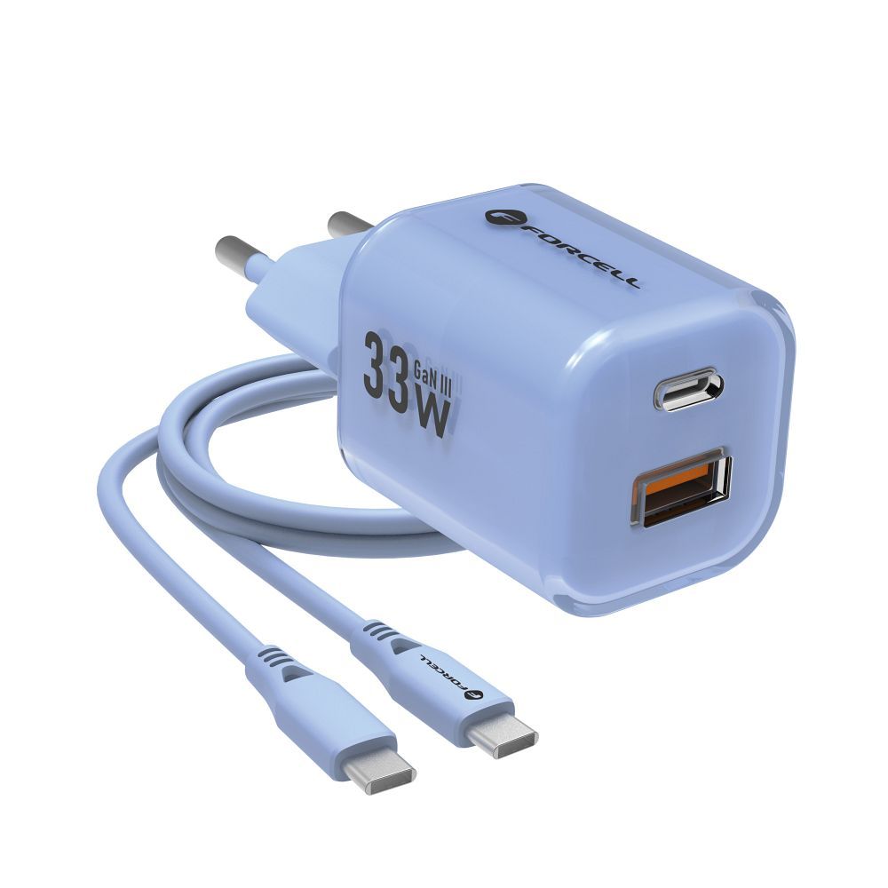 Laadija Forcell F-Energy GaN III Crystal Color USB C + USB A QC4.0 PD 33W + kabel USB-C to USB-C (sinine)