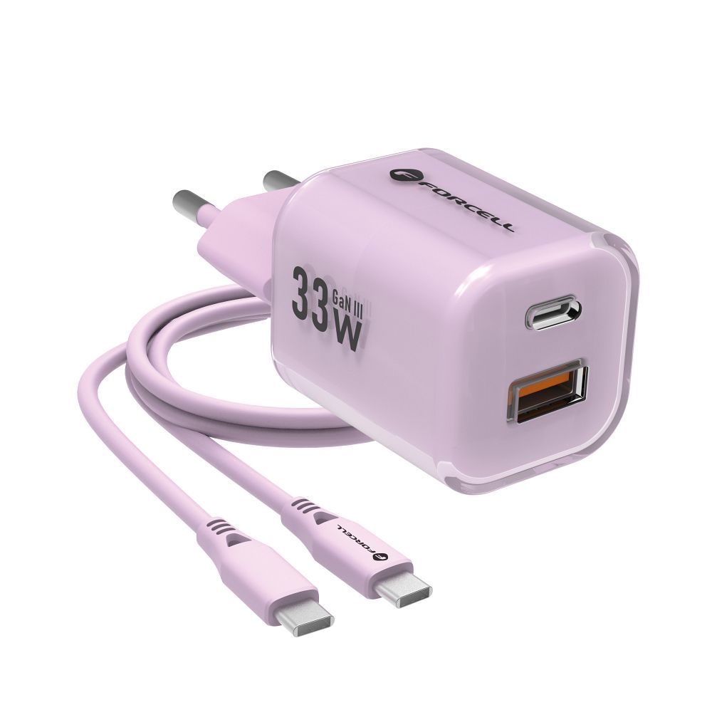 Laadija Forcell F-Energy GaN III Crystal Color USB C + USB A QC4.0 PD 33W + kabel USB-C to USB-C (lilla)