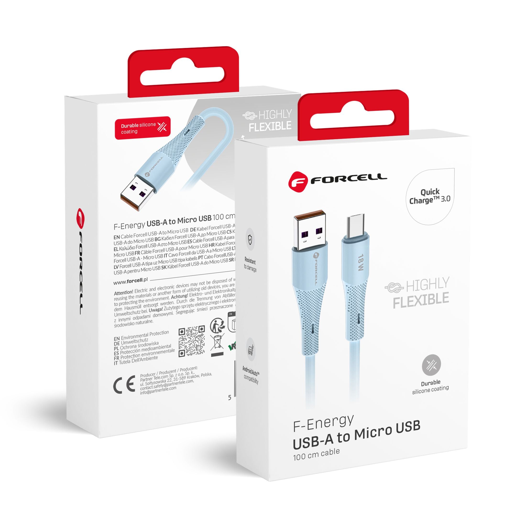 Juhe Forcell F-Energy C341 QC3.0 2,4A 18W Silicone USB-A to Micro-USB1m (sinine)