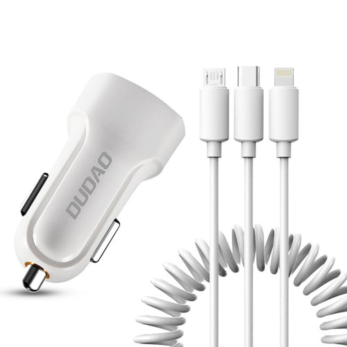 Autolaadija Dudao 2x USB 2.4A + juhe USB 3in1 Lightning / Type C / micro USB (must)
