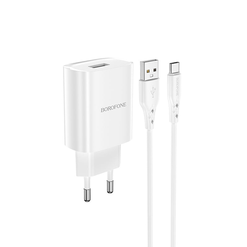 Laadija Borofone BN1 USB-A 2,1A with USB to Type C (valge)