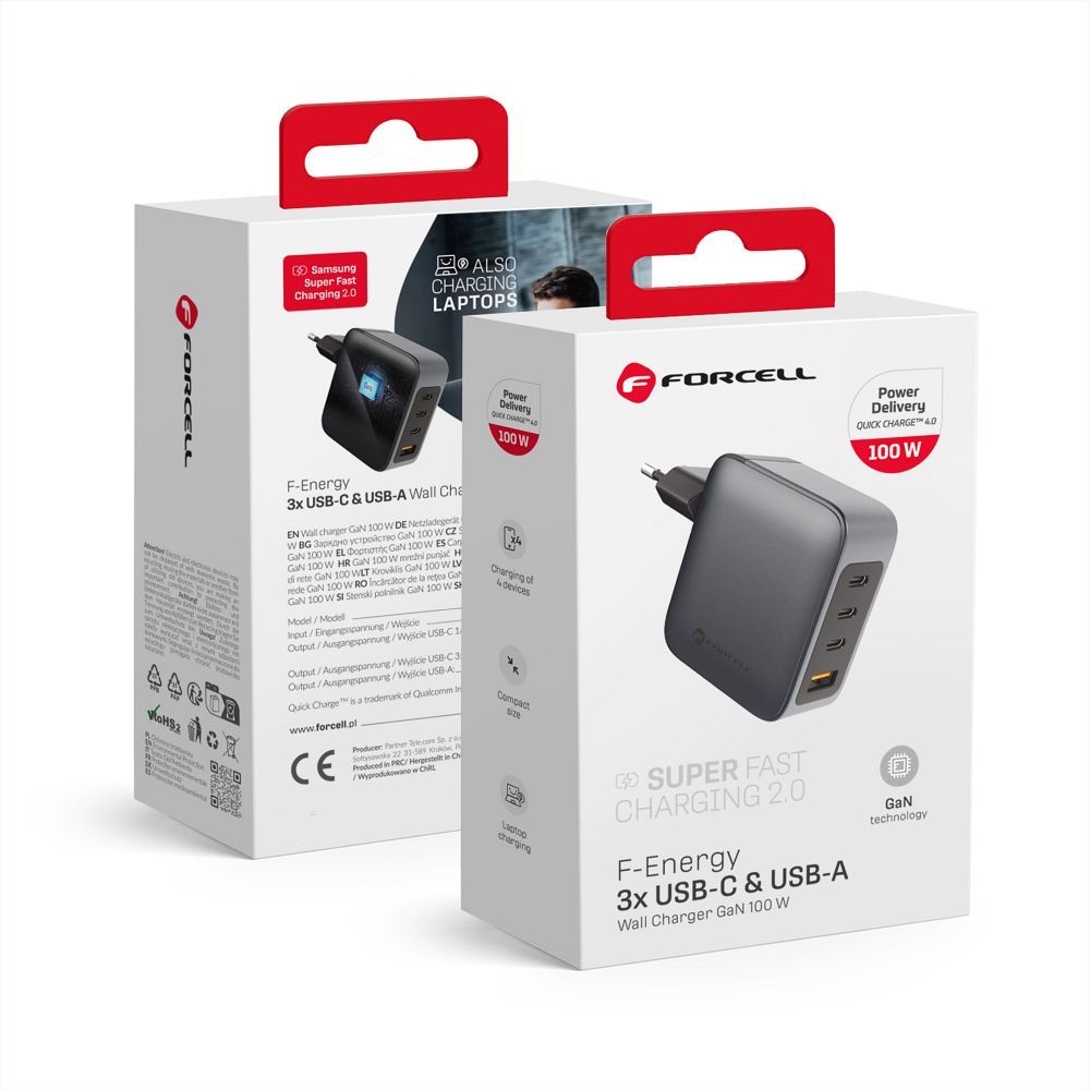 Laadija Forcell F-Energy GaN 3 x USB C + USB A QC4.0 PD 5A 100W (hall)