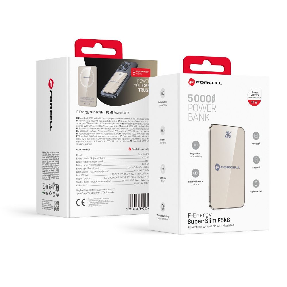 Akupank Forcell F-Energy SuperSlim F5K8 QC4.0 PD3.0 15W 5000 mAh (titaan)
