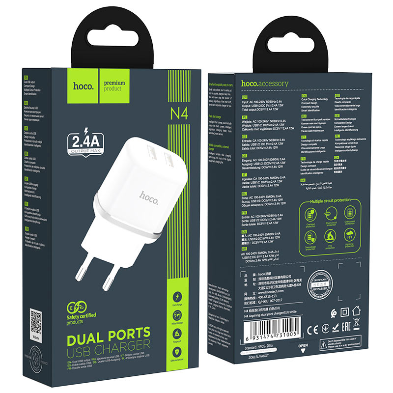 Laadija Hoco N4 2 USB-porti 2.4A (valge)