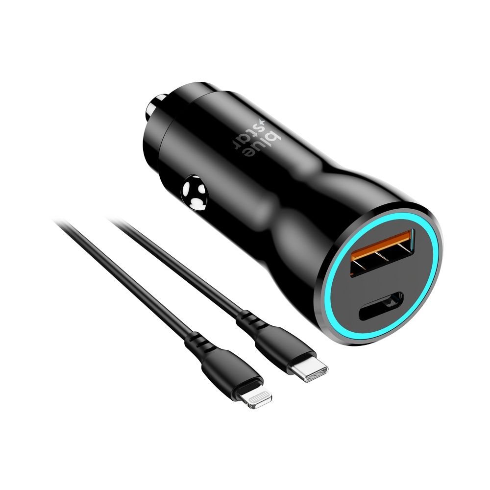 Autolaadija Blue Star USB C + USB A 25W + juhe USB C to Lightning (must)