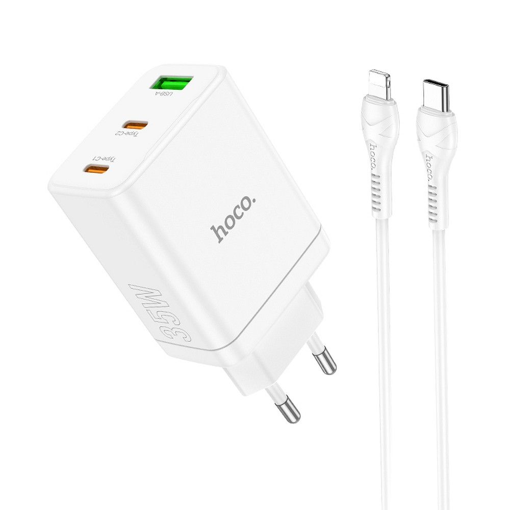 Adapter Hoco 2 x USB C + USB A 35W N33 + juhe lightning (valge)