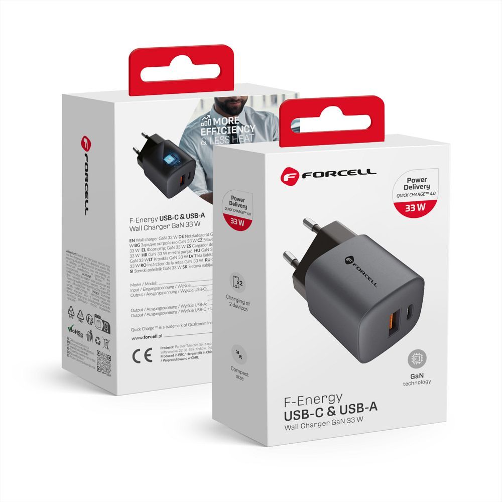 Laadija Forcell F-Energy GaN USB C + USB A QC4.0 PD 3A 33W VT-31 (hall)