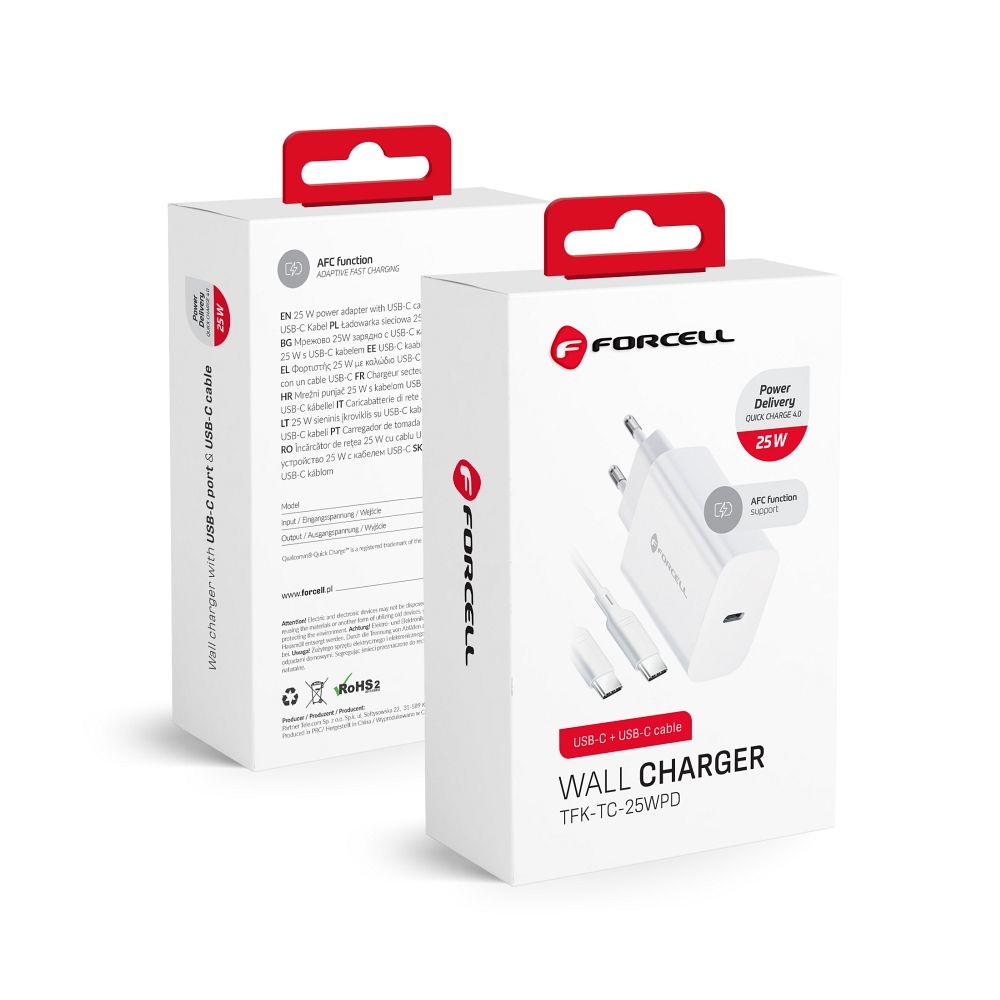 Laadija Forcell F‑Energy USB‑C QC4.0 PD 3A 25 W laadija + USB‑C to USB‑C kaabel (valge)