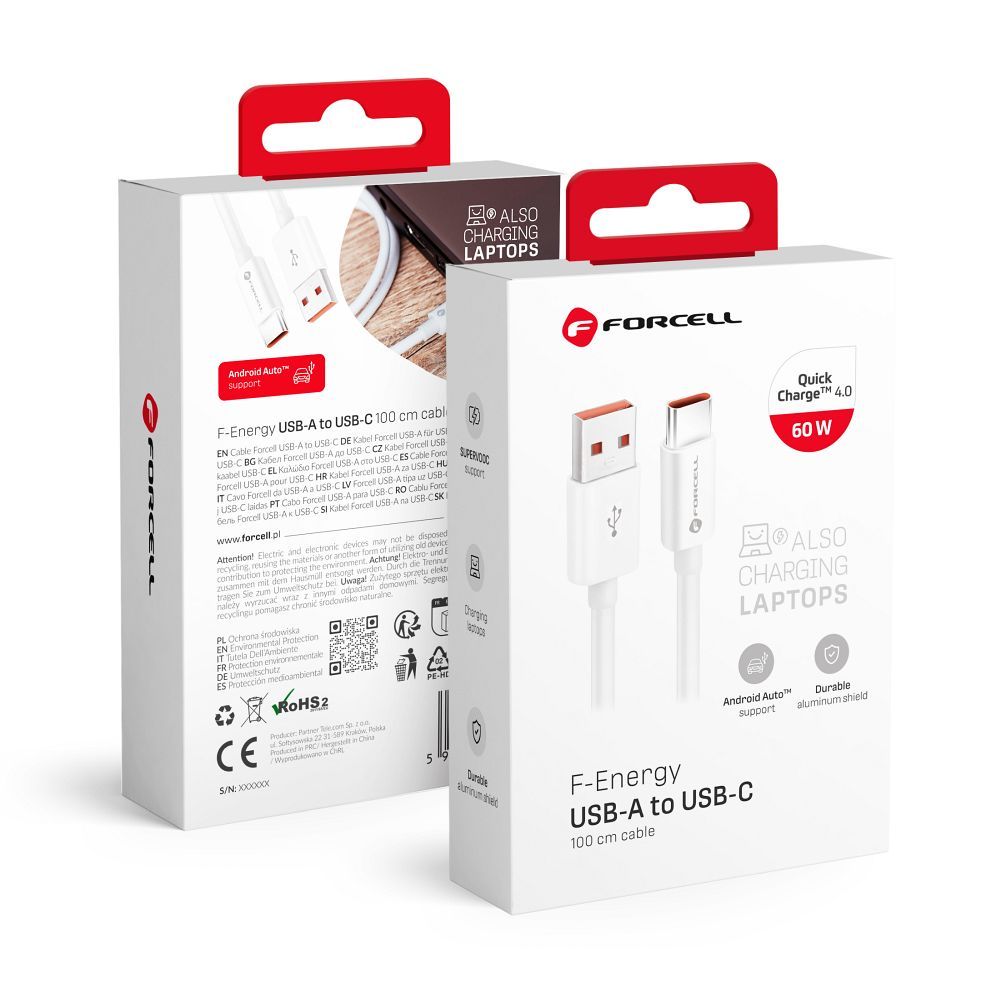 Juhe Forcell F-Energy QC4.0 3A 66W Silicone USB-A to Type-C 1m (valge)