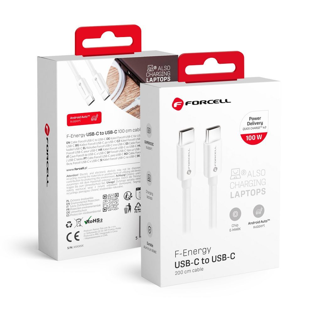 Juhe Forcell F-Energy Forcell F-Energy QC4.0 PD 5A 100W Silicone Type-C to Type-C 2m (valge)