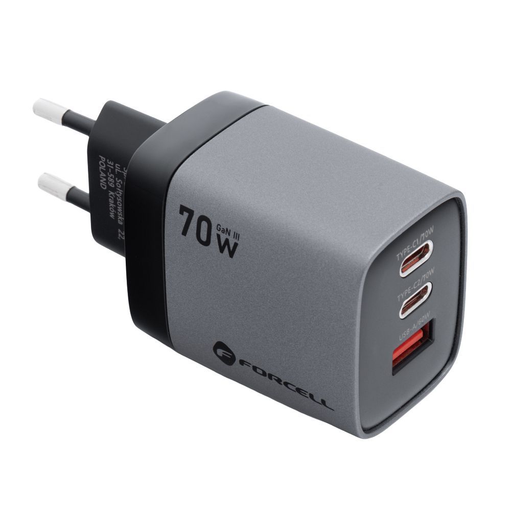 Laadija Forcell F-Energy GaN III 2 x USB C + USB A QC4.0 3,45A PD 70W SAM SFC2.0 with display LCD (hall)