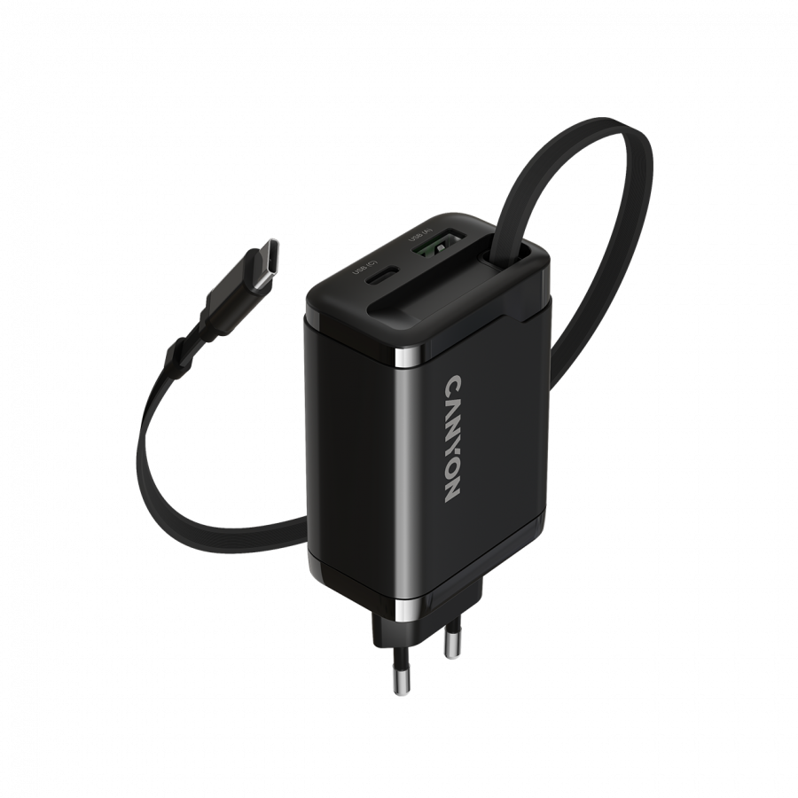 Laadija USB-C juhtmega Canyon, Type-C+USB-A PD65W (must)