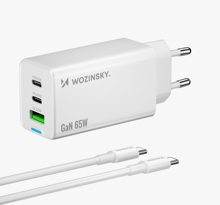 Laadija Wozinsky GaN 65W USB-A + USB-C juhe (valge)