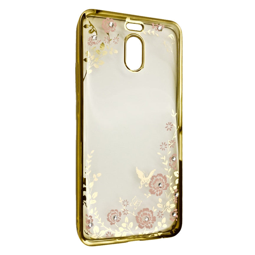 Silikoon Pilt Kristallidega Meizu M6 (kuldne raam/roosad lilled)