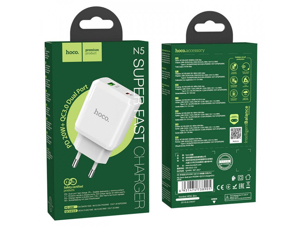 Laadija Hoco N5 USB Quick Charge 3.0 + PD 20W (3.1A) (valge)