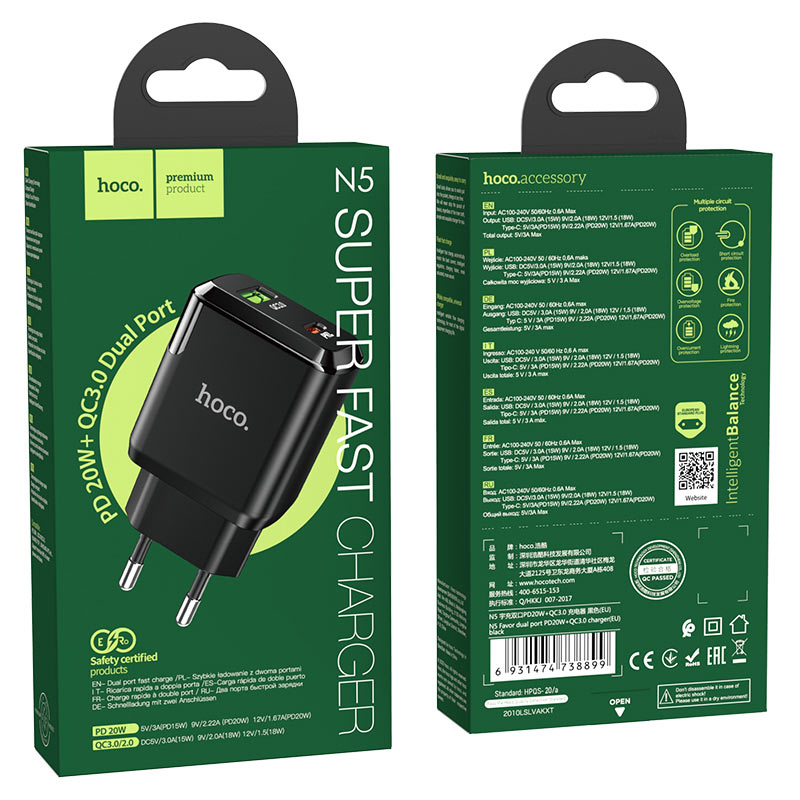 Laadija Hoco N5 USB Quick Charge 3.0 + PD 20W (3.1A) (must)