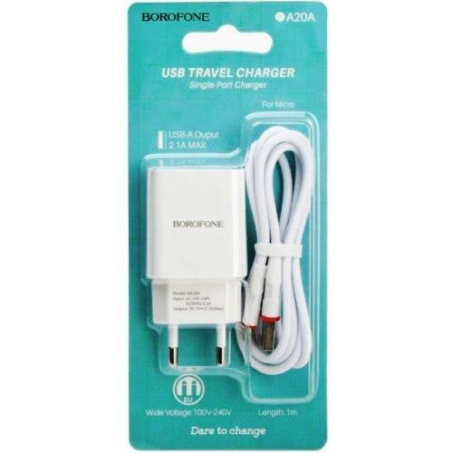 Laadija BOROFONE BA20A 2.1A koos juhtmega microUSB (valge)