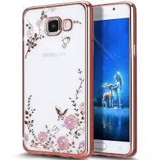 Silikoon Pilt Kristallidega Samsung A510F/ Galaxy A5 2016 (kuldne raam/roosa lilled)