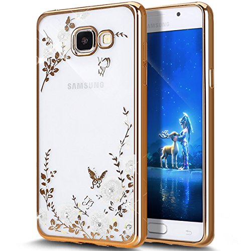 Silikoon Pilt Kristallidega Samsung A310/ Galaxy A3 2016 (kuldne raam/roosa lilled)