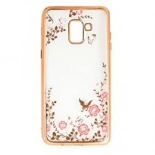 Silikoon Pilt Kristallidega Samsung Galaxy A8 Plus (roosa raam/roosad lilled)