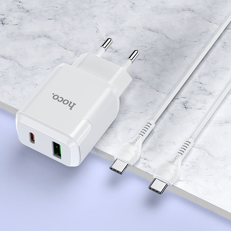 Laadija Hoco N5 USB Quick Charge 3.0 + PD 20W (3.1A) + Type-C-Type-C (valge)