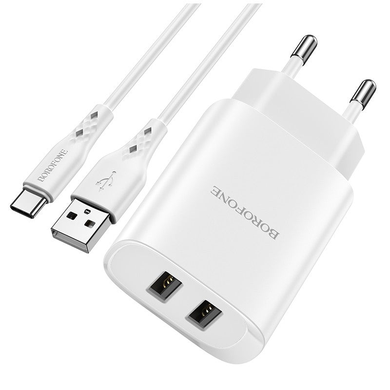 Laadija BOROFONE BN2 2xUSB 2.1A + USB Type-c (valge)