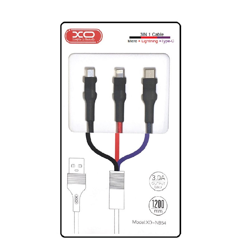 USB juhe XO-NB54 3 in 1 microUSB-Lightning-Type-C 1.0m