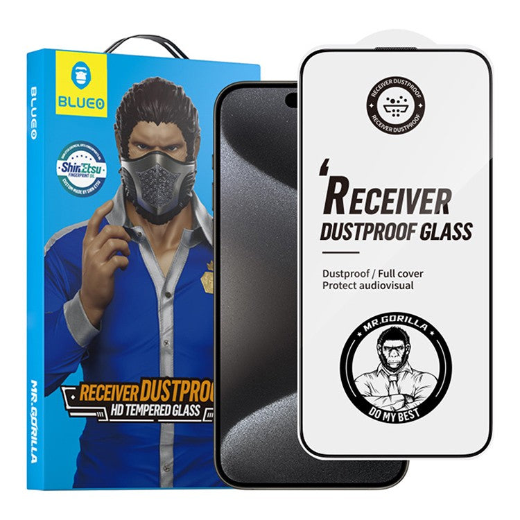 Kaitseklaas "Mr. Monkey Large Arc Edge" Full Glue Iphone 14 Pro Max / Iphone 15 Plus Anti-Dust HD (must)