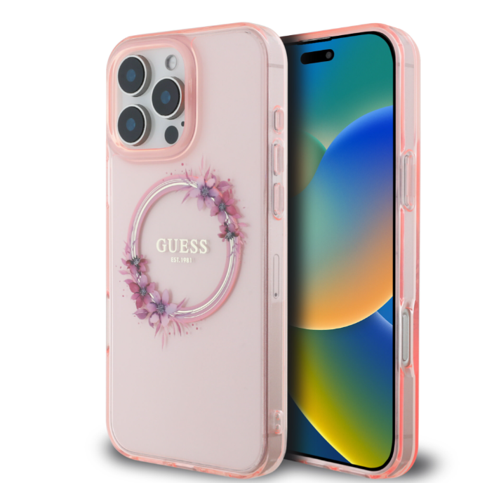 Ümbris Guess GUHMP16LHFWFCP MagSafe Flowers iPhone 16 Pro (roosa)