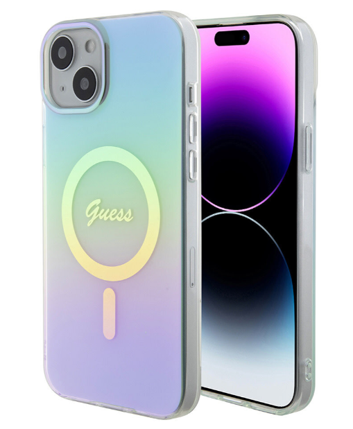 Guess Ümbris GUHMP15MHITSQ IML Iridescent Script MagSafe iPhone 15 Plus/ 14 Plus (türkiissinine)