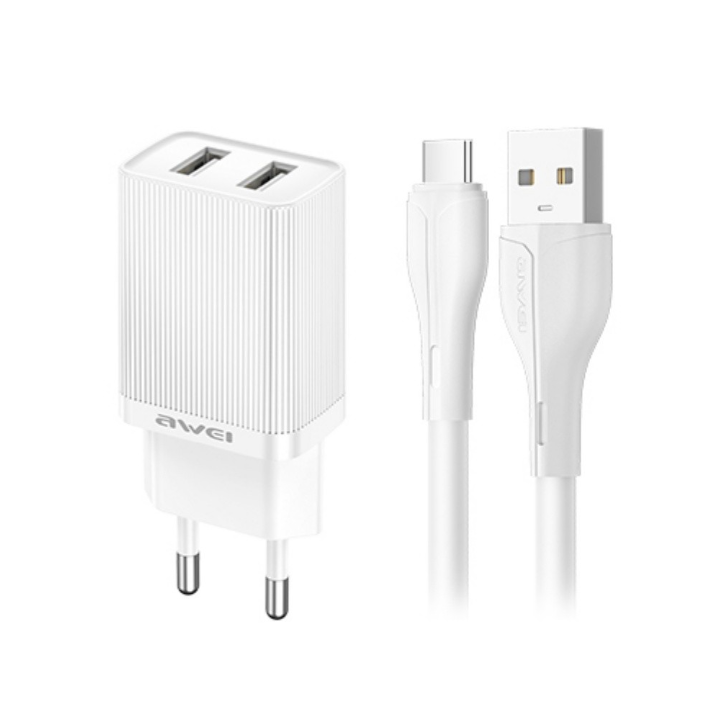Charger Awei C15T-EU 2xUSB-A 10W + USB to USB-C (valge)