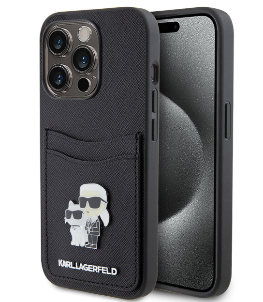 Karl Lagerfeld Ümbris KLHCP15LSAPKCNPK PU Saffiano Card Slot Metal Karl and Choupette iPhone 15 Pro (must)