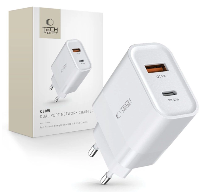 Tech-Protect C30W Adapter 30W USB-A / Type-C (valge)