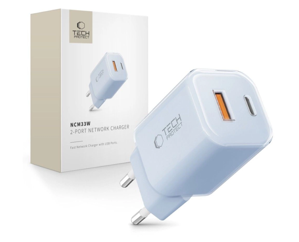 Tech-Protect NCM33W Adapter 33W USB-A / Type-C (helesinine)