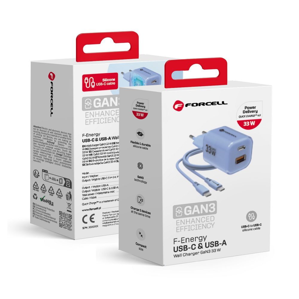Laadija Forcell F-Energy GaN III Crystal Color USB C + USB A QC4.0 PD 33W + kabel USB-C to USB-C (sinine)
