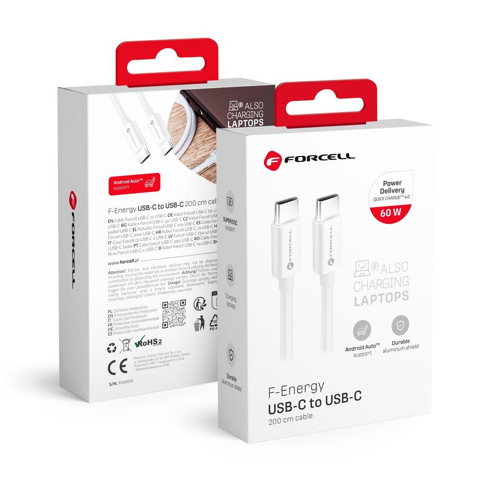 Juhe Forcell F-Energy QC4.0 PD 3A 60W Silicone Type-C to Type-C 2m (valge)