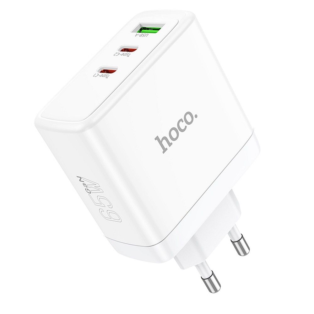 Adapter Hoco 2x USB C + USB A GaN QC PD 65W N30 (valge)