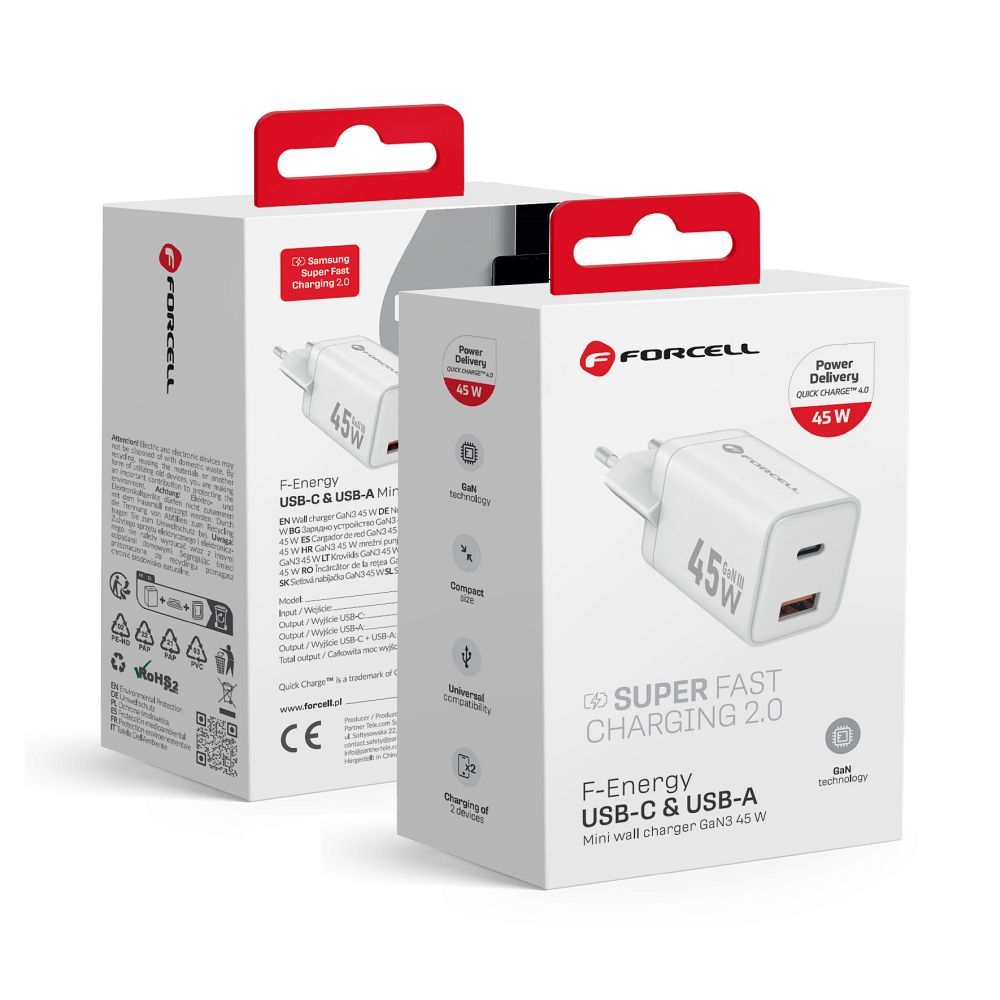 Laadija Forcell F-Energy Mini GaN III USB C + USB A PD QC4.0 45W VT-36 (valge)