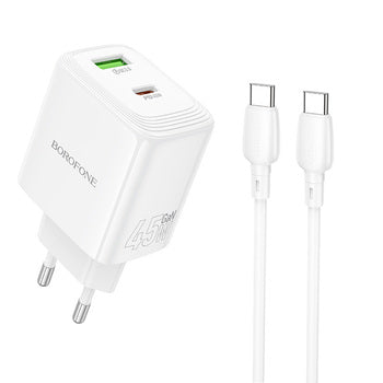 Laadija Borofone BN30 Cargador GaN - USB + Type C - QC 3.0 PD 45W with Type C to Type C (valge)