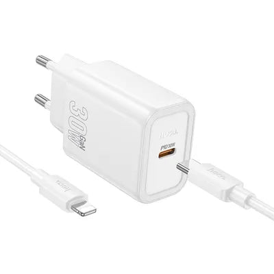 Laadija Hoco N62 30W GaN USB-C + USB-C to Lightning cable 1.0m (valge)