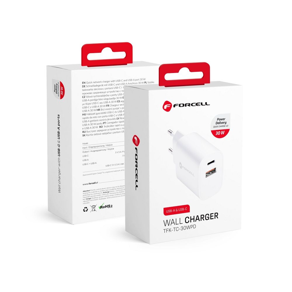 Laadija Forcell F-Energy USB C + USB A QC4.0 PD 3A 30W (valge)