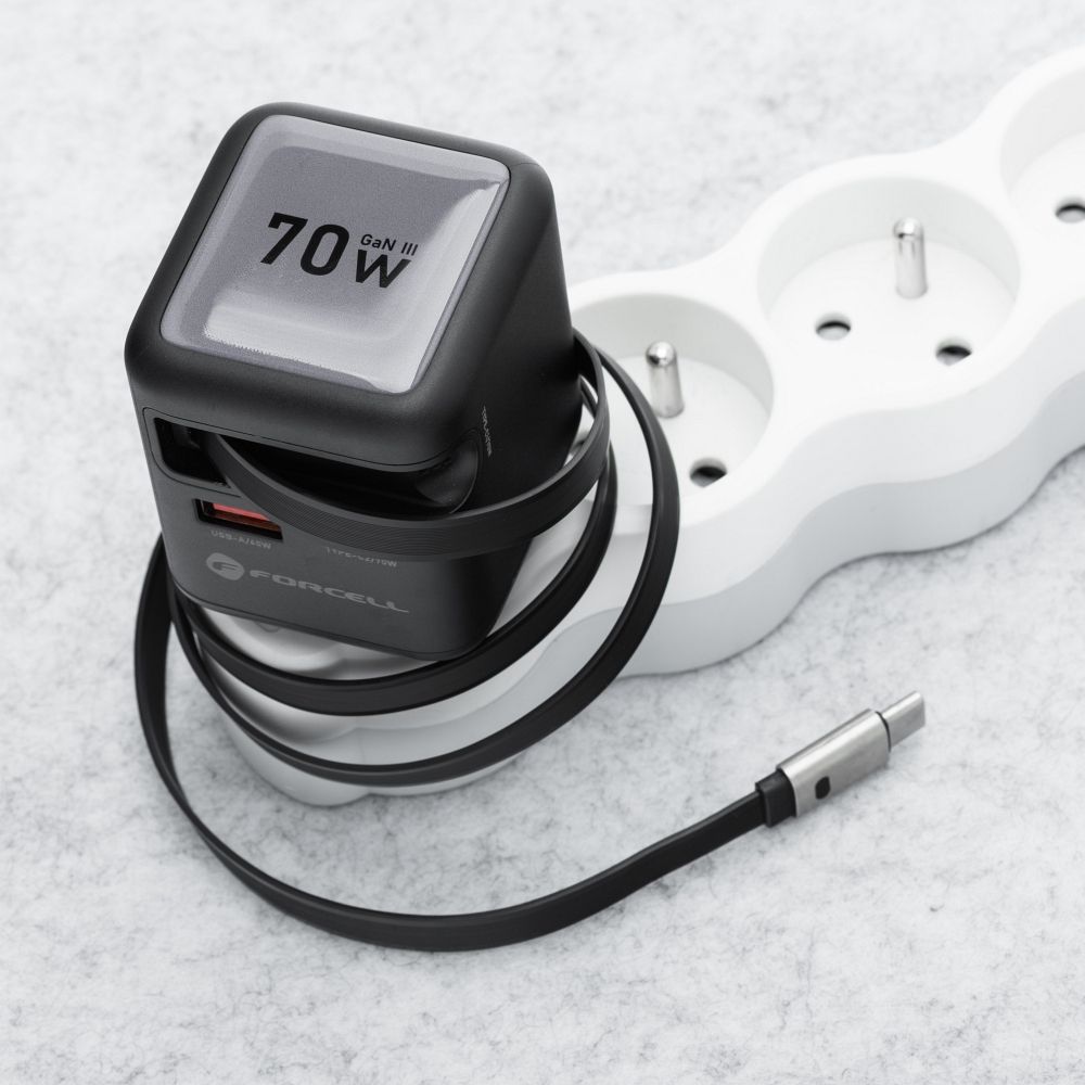 Laadija Forcell F-Energy GaN USB C + USB A QC4.0 3A 70W + juhe Type-C (hall)