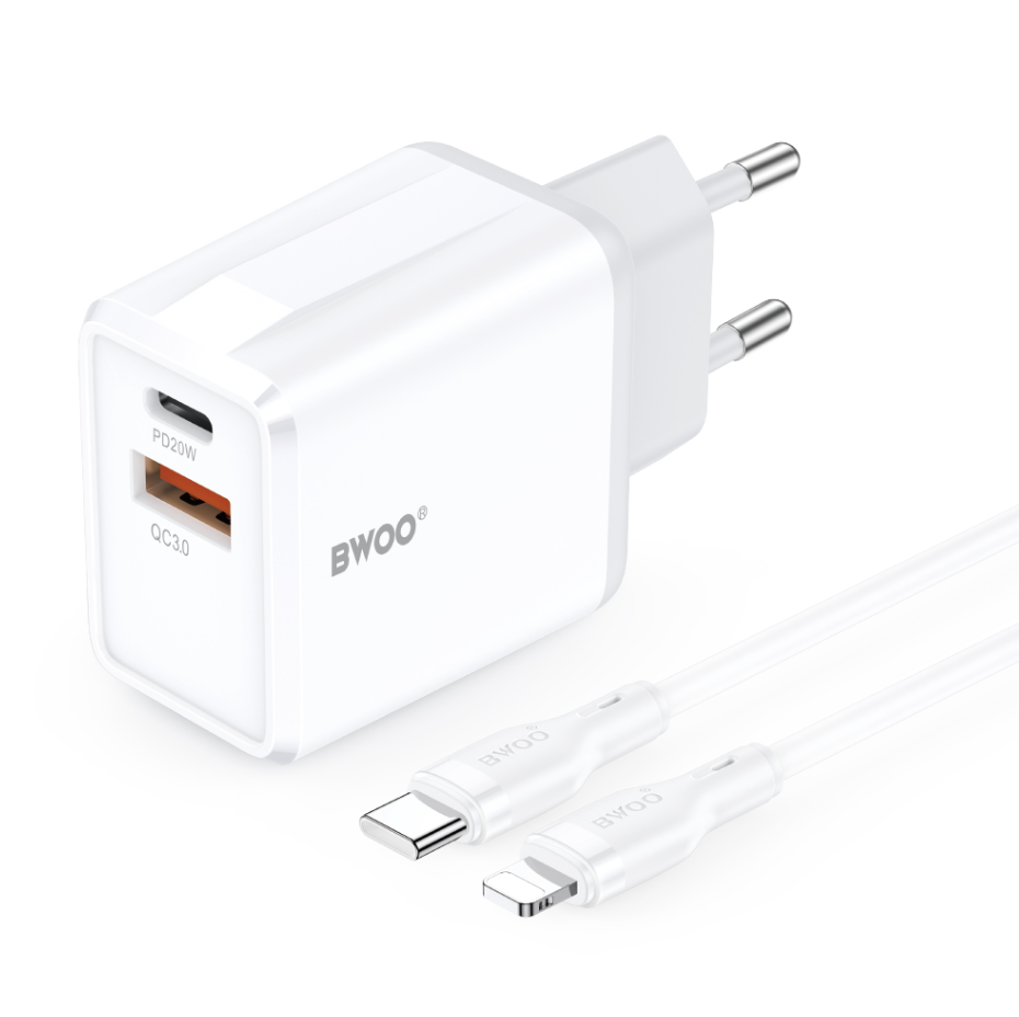 Laadija BWOO CDA182 Type-C+USB-A 20W + Lightning 1.0m (valge)