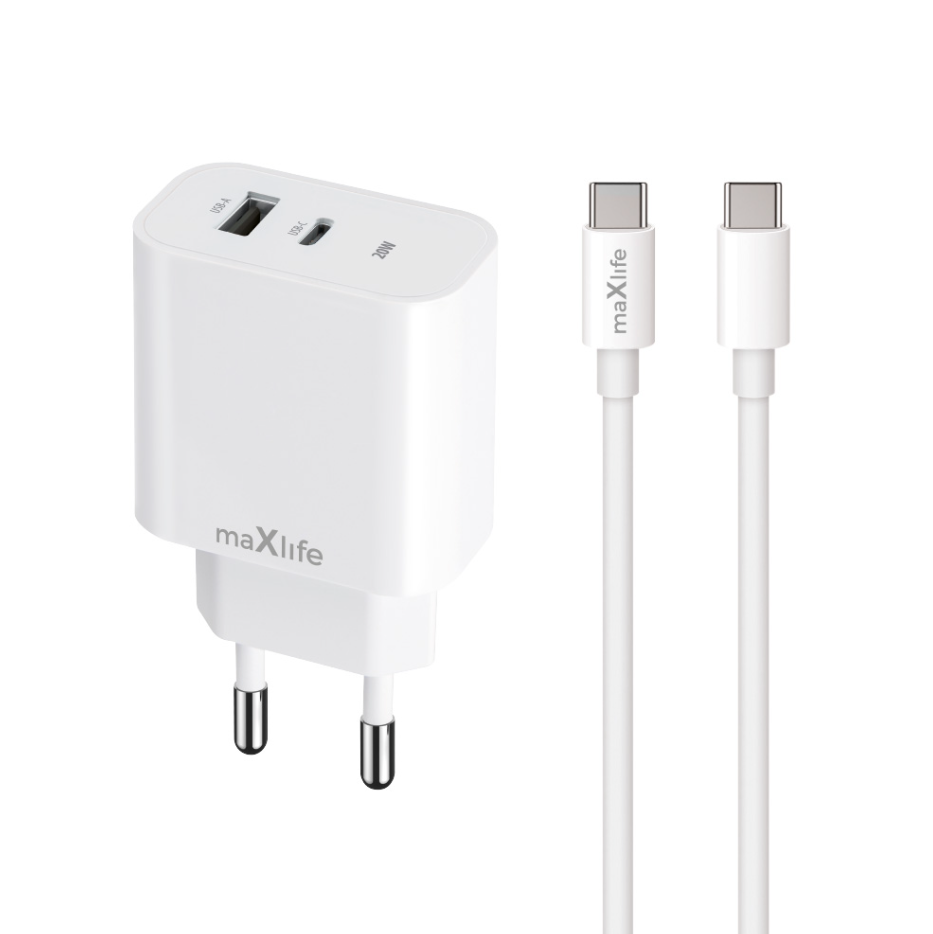 Adapter Maxlife MXTC-06-20AC 20W Type-C / USB-A+Type-C to Type-C1.0m (valge)