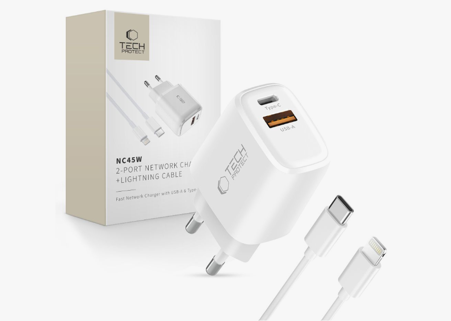 Laadija Tech-Protect NCA45W-GAN 45W USB - Type C + Type C to Lightning (valge)