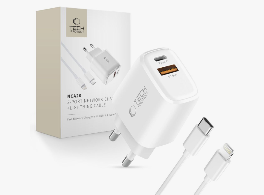 Laadija Tech-Protect NCA20 20W USB-C-Type-C+USB-C to Lightning (valge)