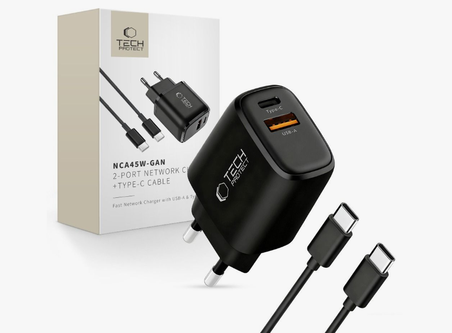 Laadija Tech-Protect NCA45W-GAN 45W USB - Type C + Type C to Type C (must)